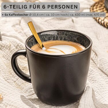 Набір кавових чашок SÄNGER Sydney (6 шт.) з кераміки, 430 мл, сірий, для кави та чаю, миюча машина, мікрохвильова піч