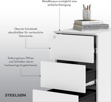 Контейнер на колесах STEELSØN з шухлядами Vespero, мобільний офісний шафчик, з можливістю замикання, 3 шухляди, білий, 65x39x50 см