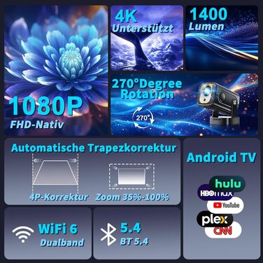 Портативний проєктор Mini Beamer 4K Full HD 1080P з WiFi 6, Bluetooth 5.2 та автоматичною корекцією трапецеїдальних спотворень. Підтримка HDMI, TV Stick, Memory Stick, Laptop. Білий (NT10-Black)