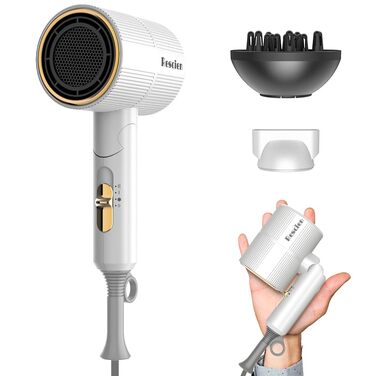 Компактний іонізуючий фен для волосся 2000W, складаний дорожній фен з дифузором та стилізуючою насадкою, швидке сушіння, білий