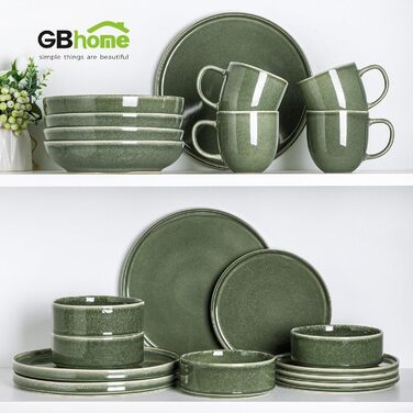 Сервіз GBHOME 4 шт. з кераміки, круглі тарілки та миски з реактивним склом, надзвичайно стійкий до сколів та тріщин, придатний для миття в посудомийній машині та використання в мікрохвильовій печі, матовий чорний оливковий зелений (12 шт.), Сервіз для 4 (