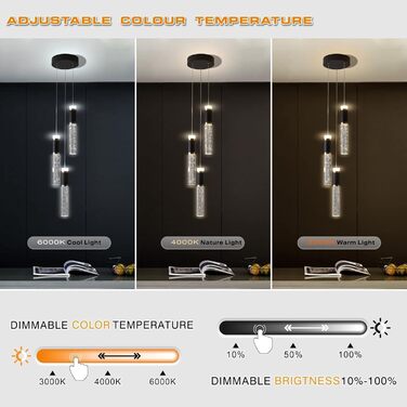Сучасний кришталевий підвісний світильник з можливістю затемнення, регульований по висоті, 3-кольоровий світлодіод, чорний/золотий