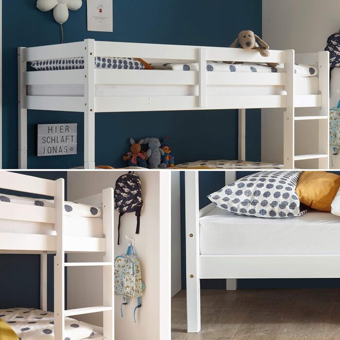 Сучасне ліжко-горище зі сходами та двома лежачими поверхнями 90 x 200 см - Компактне дитяче двоярусне ліжко з масиву сосни, сіре - 97 x 140 x 207 см (W/H/D) (Pine White)