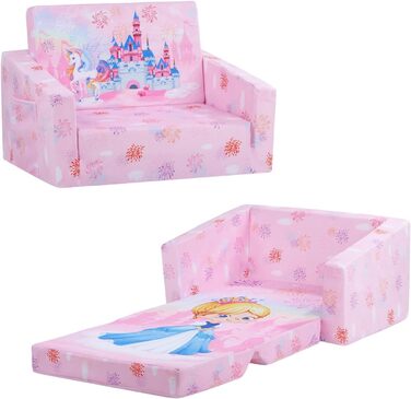 Дитяче крісло-диван 2 в 1 з кишенькою та антиковзаючим подушкою, розкладне, для спальні, вітальні, ігрової кімнати (Принцеса)