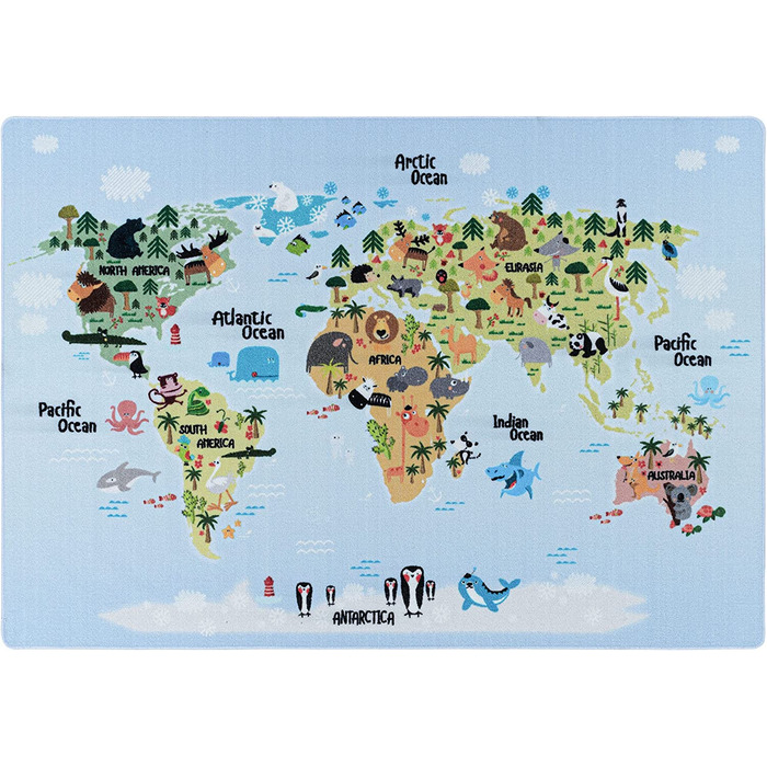 Домашній дитячий килим з коротким ворсом карта світу дизайн тварин дитяча дитяча ігрова кімната висота ворсу 8 мм прямокутна готова м'яка миється форма для хлопчиків і дівчаток білий, колір розмір (120 х 170 см, синій)