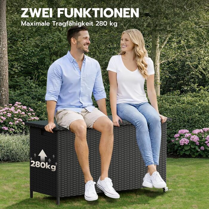 Водонепроникний садовий ящик Amopatio Gartenbox 480л з поліротангу, металевий ящик для подушок на колесах з газліфтом для саду та балкону (чорний)