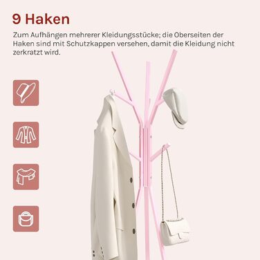 Вільна стійка для одягу WOLTU у формі дерева з полицею та 9 гачками, для одягу, шапок, сумок, біла, металева (рожева)