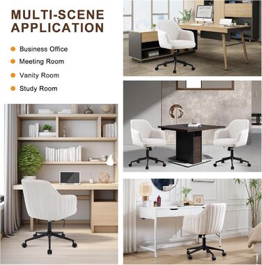 Офісне крісло BERYTH для дому та офісу, з велюру, до 136 кг, регульоване по висоті, поворотне на 360°, з м'якими роликами, для навчання, спальні, домашнього офісу, біле