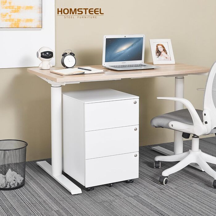 Роликовий контейнер HOMSTEEL з 3 замками, 3 висувні шухляди, для офісу та дому, білий (44T x 37B x 60H см)