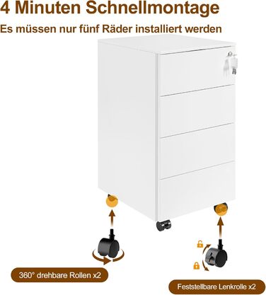Роликовий контейнер HOMSTEEL з замком, 4 ключі, 4 шухляди, металевий шафа, готовий до збирання, для офісу, домашнього офісу, білий (44T x 37B x 69.5H cm)
