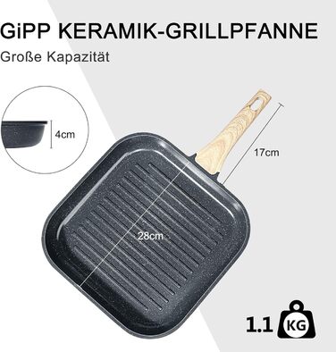 Сковорода-гриль GiPP 28x28 см, сковорода для стейків, індукційна, алюмонієвий литний матеріал з гранітно-антипригарним покриттям, 100% без PFOA, підходить для всіх типів плит, легко миється, білий колір