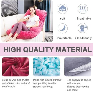 Подушка для вагітних TaiBest з подрібненого пінополіуретану (Memory Foam), U-подібна, для підтримки живота, червона