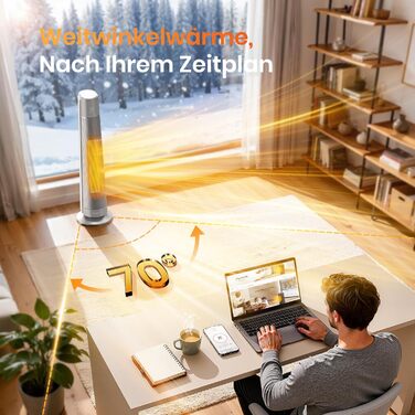 Електричний обігрівач з термостатом та ECO-режимом, 1500W, PTC керамічний, 4 режими, цифровий дисплей, таймер 12 годин, 35dB, срібний (74cm)