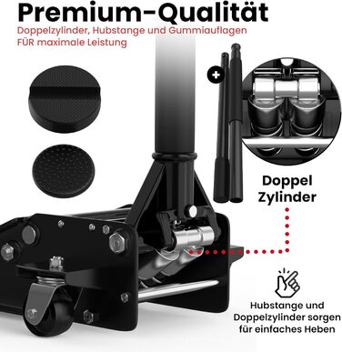 Гідравлічний домкрат 3T низькопрофільний 75-505мм з гумовими накладками для легкових авто та SUV – професійний, поворотний на 360° (Чорний)