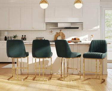 Набір з 2 барних стільців з велюру з золотистими ніжками, з підлокітниками та спинкою для кухонного острова/домашнього бару (зелений)
