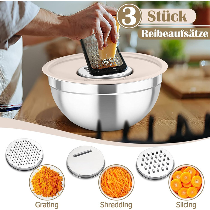 Набір салатниць TEAMFAR 6 шт. з нержавіючої сталі з кришками та силіконовими ніжками, 0,7L / 1,5L / 1,6L / 2,5L / 2,8L / 4,6L, багатофункціональний, для миття в посудомийній машині, з терками