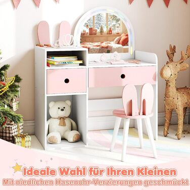 Дитячий туалетний столик COSTWAY з підсвічуванням та табуретом, білий, з 2 шухлядами та аксесуарами для дівчаток від 3 років
