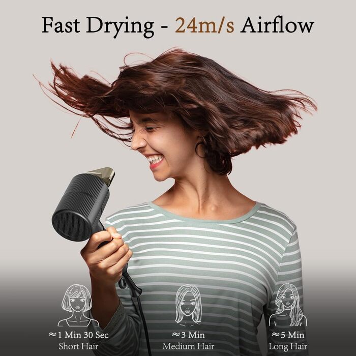 Компактний іонний фен для волосся 2000 Вт, складаний дорожній фен з дифузором та styling-насадкою, швидке сушіння, низький рівень шуму (Чорний)