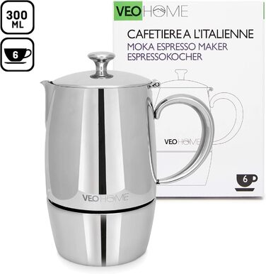 Мока-кавоварка VeoHome Mokka Pot на 10 порцій - нержавіюча сталь, італійська, для індукційних плит, газу, кераміки, електрики, без алюмінію, подвійний фільтр (300 мл)