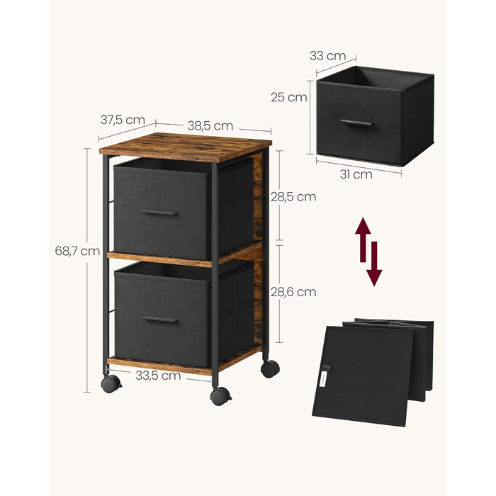 Шафа для документів VASAGLE з 2 висувними ящиками, підставка для принтера, для А4, розмір літери, підвісна картотека, ящик для зберігання, домашній офіс, вінтажний коричневий чорнило чорний OFC056B01 вінтажний коричневий чорнило чорний