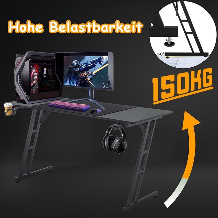 Ігровий стіл XMTECH 140x60 см з RGB LED, стіл для комп'ютера з карбоновою поверхнею, ергономічний стіл з тримачем для навушників та підстаканником, чорний