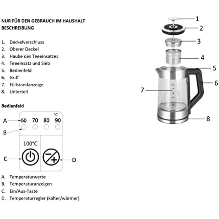 Електричний чайник Emerio WK-122248 з боросилікатного скла, 1.7л, чорний/срібний, з автоматичним ситом, регулювання температури, 2200 Вт