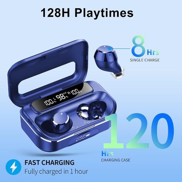 Навушники Lekaby In Ear Bluetooth 5.3, 128H HiFi, 4 мікрофони ENC, IP7, світлодіод, USB-C, сенсорний (темно-синій)