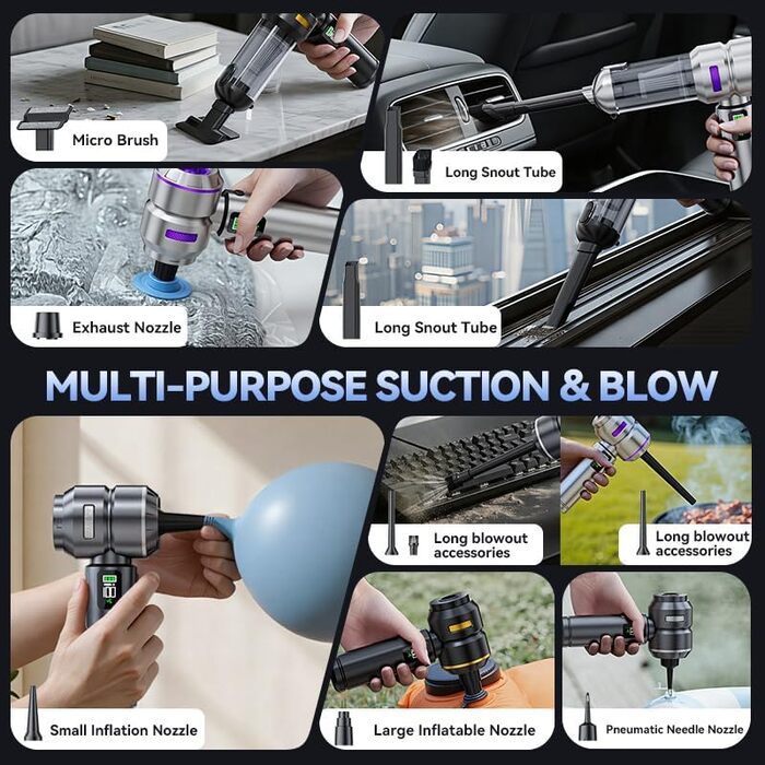 Акумуляторний ручний автомобільний пилосос HOVIN, потужність 24000Па, 3 режими роботи, для авто, дому та диванів, сріблясто-фіолетовий