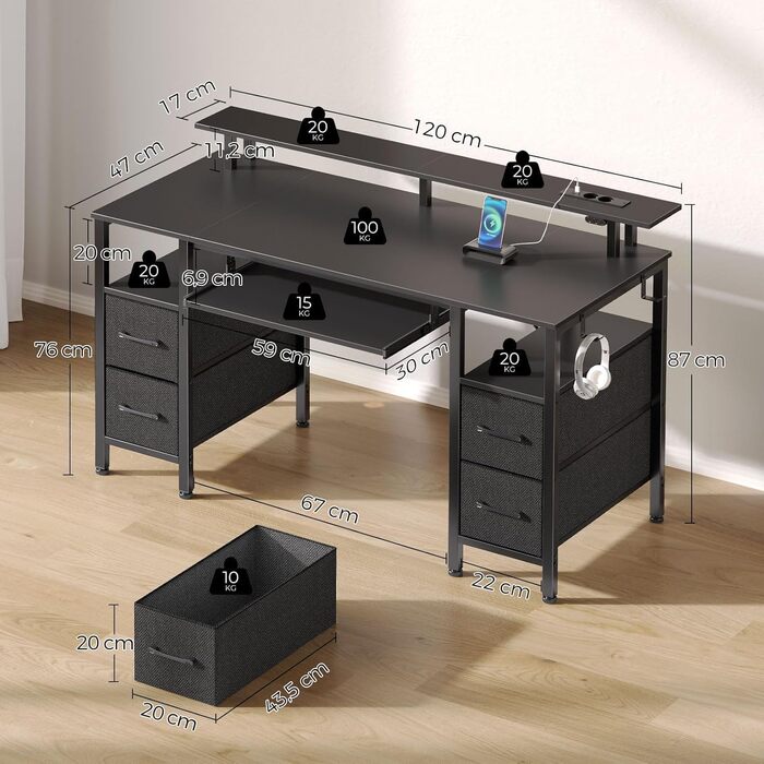 Ігровий стіл Seventable з LED, розетками та USB портами, чорний 120x47x88 см