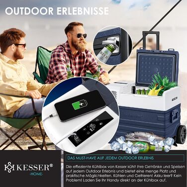 Автомобільний компресорний холодильник KESSER® 42л з Wi-Fi, 12/24/230V, до -20°C, з колесами та телескопічною ручкою для кемпінгу, фургону, вантажівки, човна + 2 акумулятори холоду (синій)