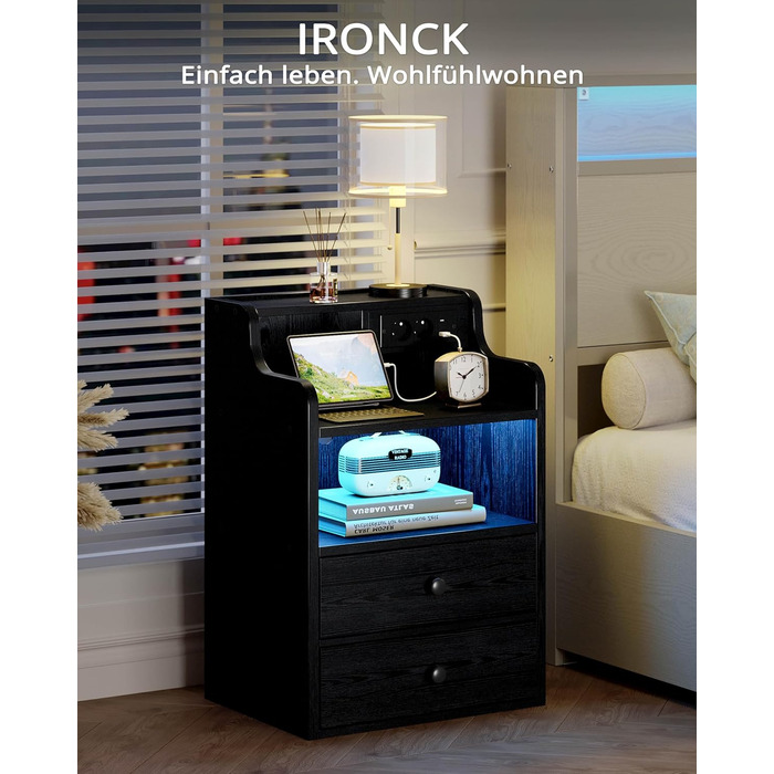 Нічний столик IRONCK з LED-підсвічуванням, розеткою та функцією зарядки, з ящиками, чорний
