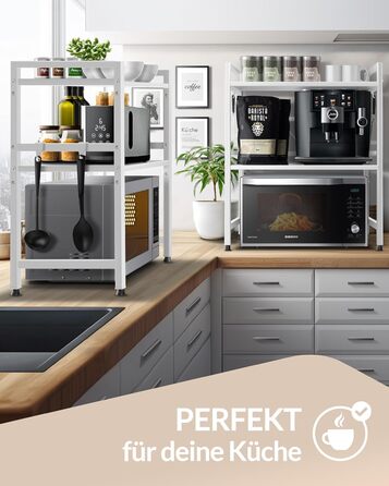 Поличка для мікрохвильової печі, кухонна поличка, сталева | 3-ярусна, регульована висота та довжина, з гачками, інструкція у відеоформаті (Білий)