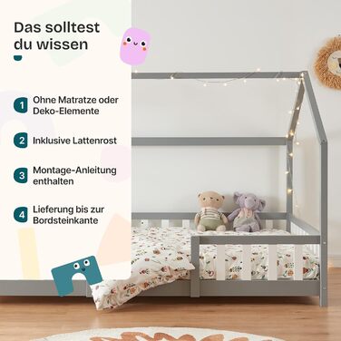 Ліжко дитяче Sisimiut Montessori 140x200 см з бар'єром. Дерев'яне ліжко для дітей, підлога, ламелі, сосна, світло-сірий/білий, без матрацу