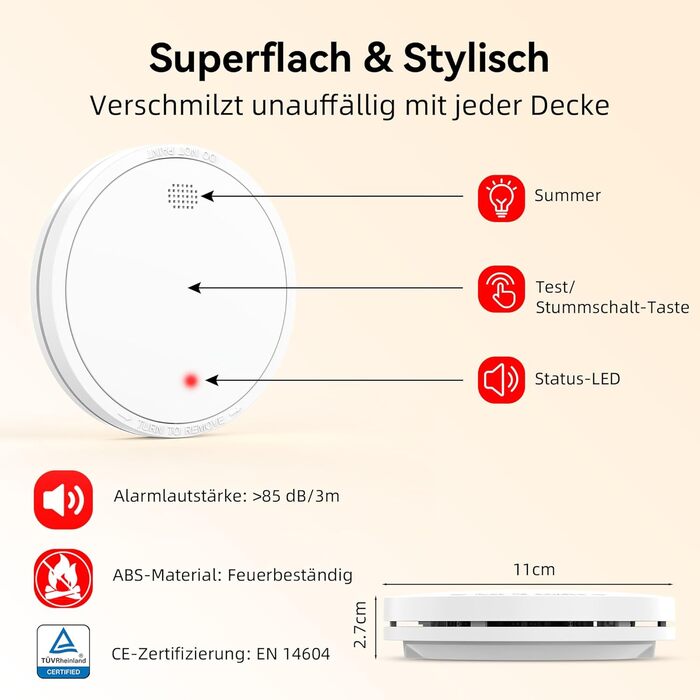 Датчик диму Rauchmelder з батареєю на 10 років, магнітне кріплення, EN14604, радіо, 85dB, без свердління, набір 6 шт.
