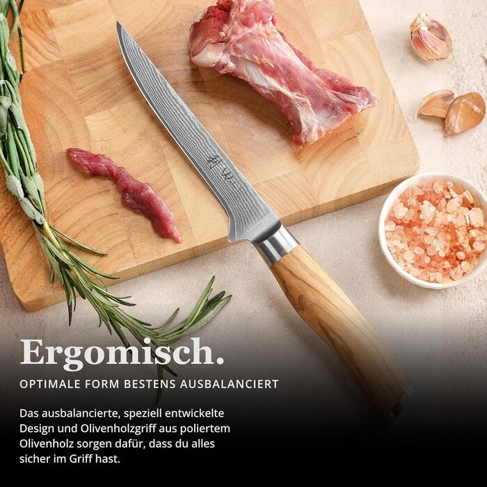 Ніж кухарський Wakoli з дамаської сталі (серцевина VG10) з 20 см лезом – гострий та збалансований – ніж з ручкою з оливкового дерева в подарунковій коробці – ніж кухарський з дамаської сталі для професійних та аматорських кухарів (ніж для обробки м'яса)