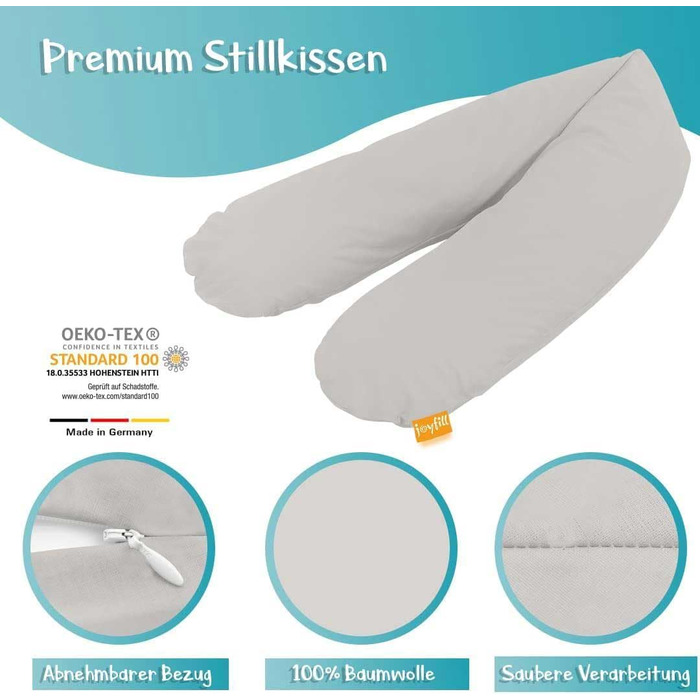 Подушка для годування Joyfill® Premium Stillkissen з мікроперлин - ідеальна для сну та годування. М'яка та тиха завдяки наповнювачу. Подушка для сну на боці, 100% Made in Germany (170 см, сіра)