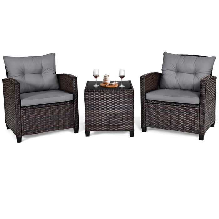 Набір садових меблів LIFEZEAL 3 предмети: 2 крісла та стіл з штучного ротангу (PE) з подушками, скляна стільниця, для тераси, балкона, саду - сірий
