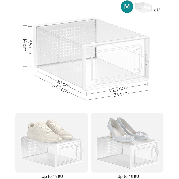 Коробки для взуття SONGMICS, набір з 12 шт. , органайзер для взуття з пластику, складний і штабельований, для взуття до 46 розміру, прозоро-білий LSP12MWT (12 шт. (31,2 х 22,5 х 13,5 см), прозорий білий)