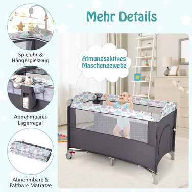 Дитяче ліжко-манежа Dreamade 120 x 60 см з колесами, 4 в 1: ліжко, манежа, пеленальний столик, туристичне ліжко для новонароджених (Сірий)