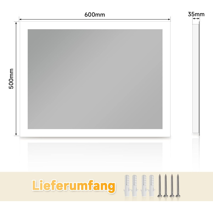 LED дзеркало для ванної кімнати SONNI 60x50 см з підсвічуванням, IP44, вертикальна/горизонтальна установка