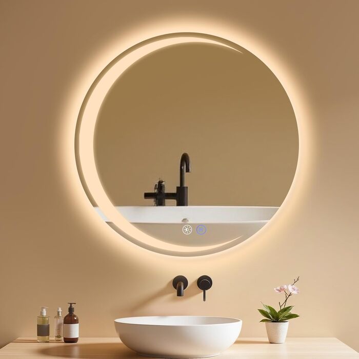 Круглий LED-дзеркало для ванної кімнати Mursche з підсвічуванням, 60 см, IP44, сенсорне регулювання, протизапотівальне покриття, 70x70 см