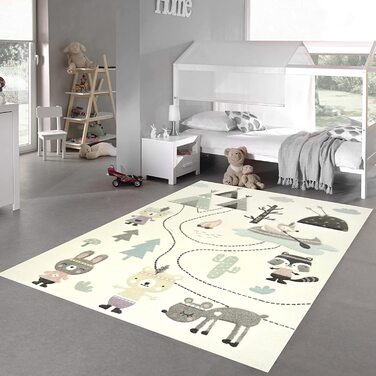 Дитячий килимок для спальні, килимок для ігор, намет для кемпінгу, ведмедя, гори, караван, ялини, Річка, сірий, кремово-коричневий, Розмір 140x200 см