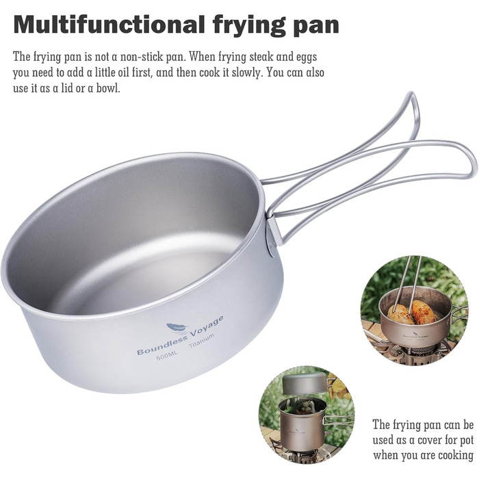 Набір посуду iBasingo з титану (2 шт.): каструля 1000мл, сковорода 500мл для кемпінгу та відпочинку на природі