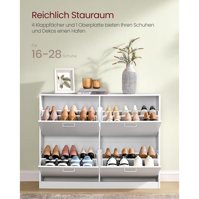 Шафа для взуття VASAGLE з 4-ма дверцятами, 16-28 пар, білий колір, регульована перегородка, 24 x 105,5 x 82,7 см