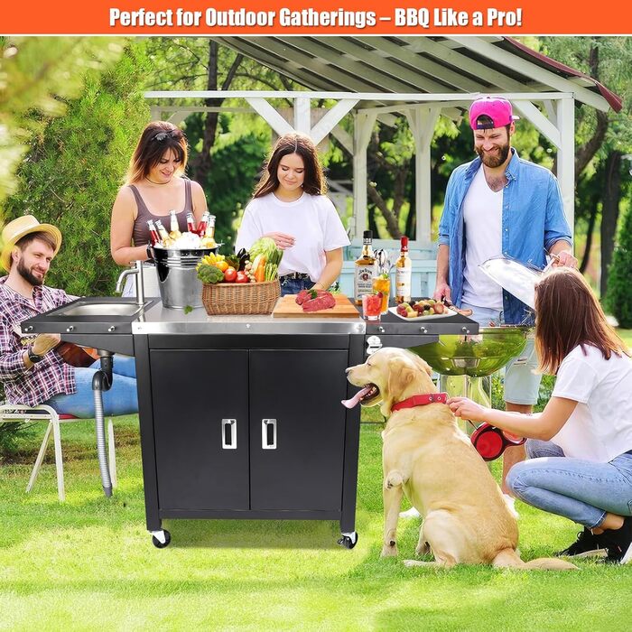 Гриль-вогн на колесах GFTIME: мобільний стіл для піци з нержавіючої сталі, кухонний острів з шафкою та полицями, 154 x 63 x 89 см