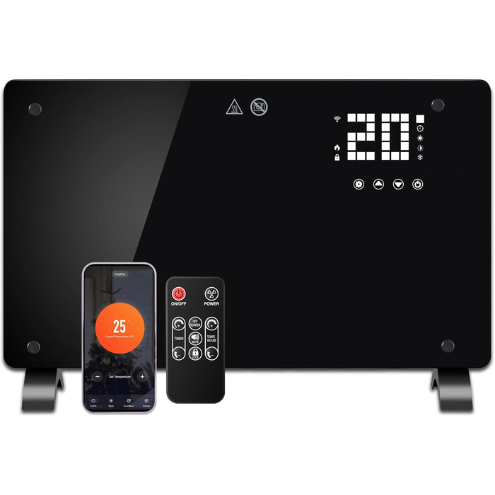 Конвектор DONYER POWER 2500W з Wi-Fi, таймером та пультом керування, чорний, з склопанеллю, для дому та офісу