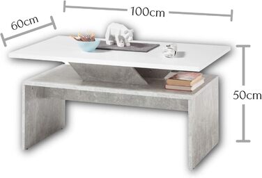 Сучасний журнальний столик з піднятою стільницею в бетонному вигляді, білий - екстравагантний журнальний столик для вашої вітальні - 100 x 50 x 60 см (Ш/В/Г) Бетон / Білий