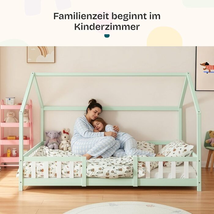 Дитяче ліжко Sisimiut Hausbett Montessori від en.casa з бар'єром безпеки. Дерев'яне ліжко для дітей, ліжко-платформа, сосна, світло-сірий/білий, 140 x 200 см (без матрацу)