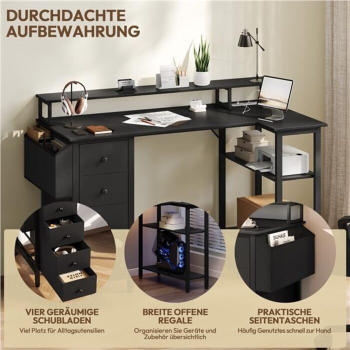 Кутовий стіл Yaheetech L-подібний з розетками 120x68 см, геймерський стіл з тримачем для монітора, 4 шухляди, 2 полиці, кишенька для зберігання, для дому/офісу (чорний)