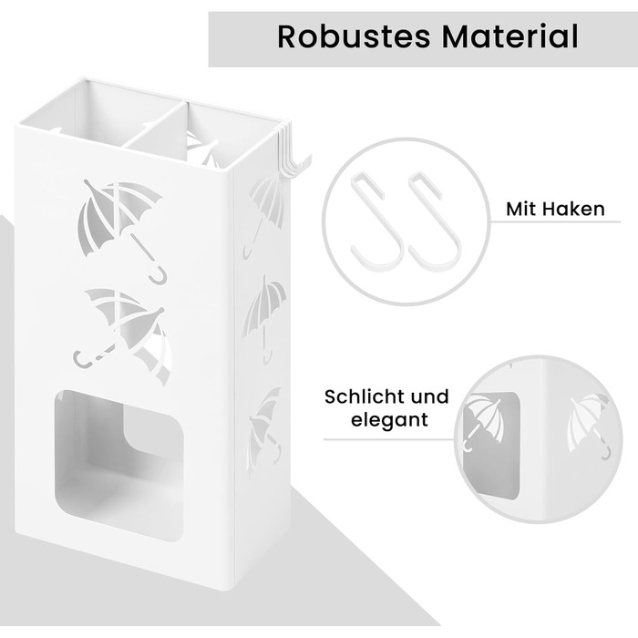 Підставка для парасоль під WOLTU, 2 слоти, з 4 гачками, металева, біла, 25x49x15 см